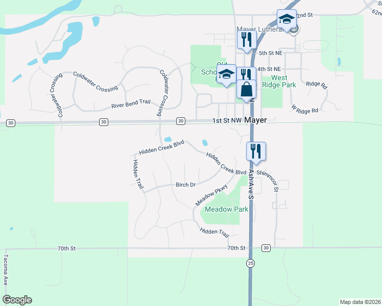 map of restaurants, bars, coffee shops, grocery stores, and more near 1162 Hidden Creek Boulevard in Mayer