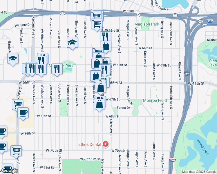 map of restaurants, bars, coffee shops, grocery stores, and more near 6608 Oliver Avenue South in Minneapolis
