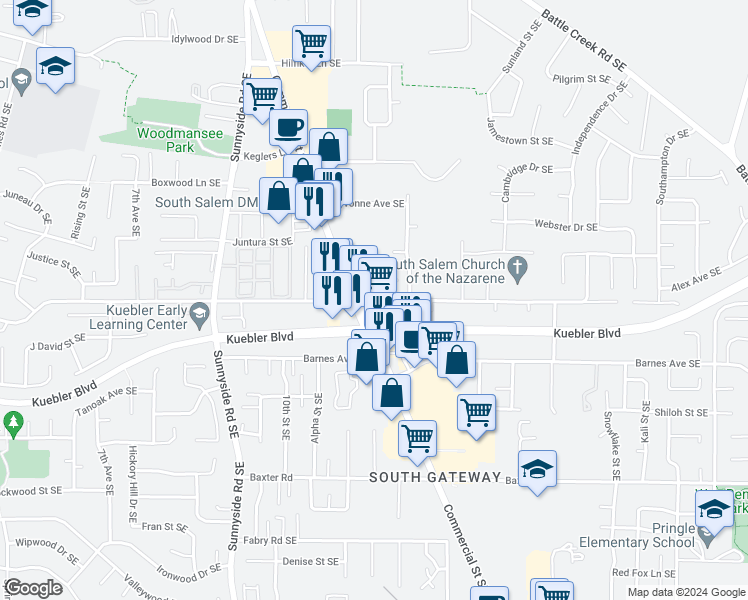 map of restaurants, bars, coffee shops, grocery stores, and more near 1291 Boone Road Southeast in Salem