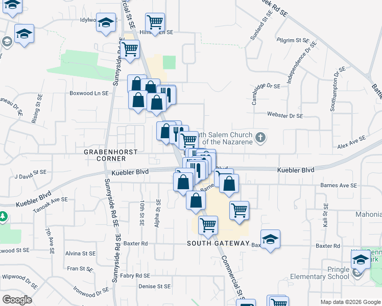 map of restaurants, bars, coffee shops, grocery stores, and more near 1293 Boone Road Southeast in Salem
