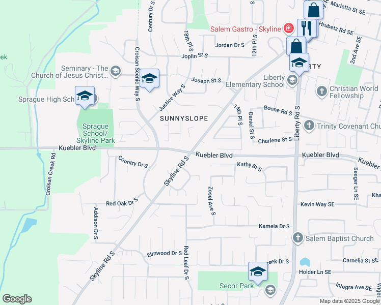 map of restaurants, bars, coffee shops, grocery stores, and more near Kuebler Blvd & Skyline Rd S in Salem