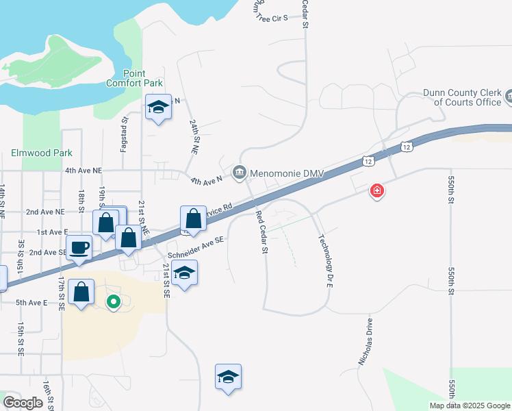 map of restaurants, bars, coffee shops, grocery stores, and more near 2421 East Service Road in Menomonie