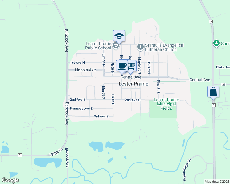 map of restaurants, bars, coffee shops, grocery stores, and more near 118 Fir Street North in Lester Prairie
