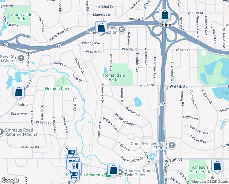 map of restaurants, bars, coffee shops, grocery stores, and more near 6609 Warren Avenue in Minneapolis