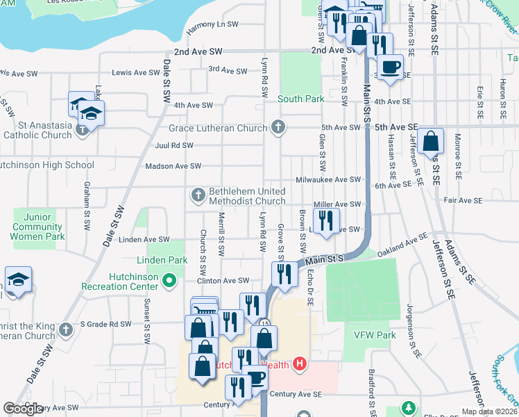map of restaurants, bars, coffee shops, grocery stores, and more near 705 Lynn Road Southwest in Hutchinson