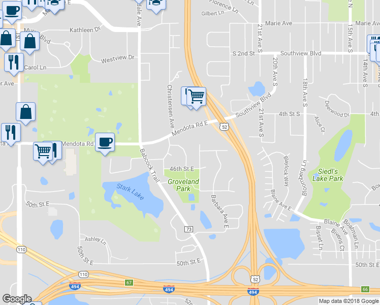 map of restaurants, bars, coffee shops, grocery stores, and more near 4528 August Way in Inver Grove Heights