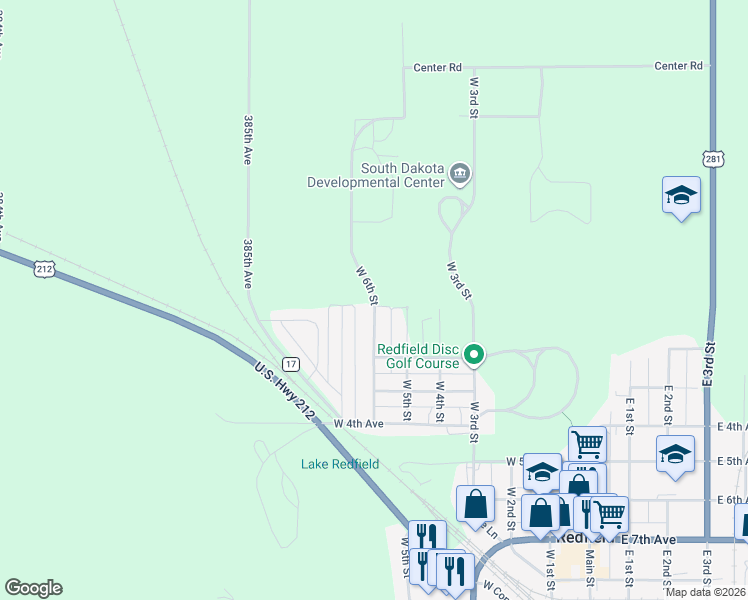 map of restaurants, bars, coffee shops, grocery stores, and more near 101 West 6th Street in Redfield