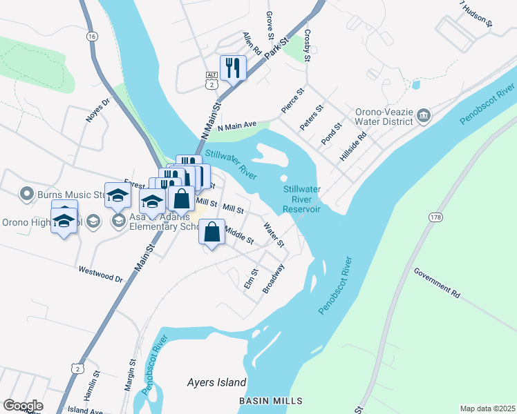 map of restaurants, bars, coffee shops, grocery stores, and more near 104 Mill Street in Orono