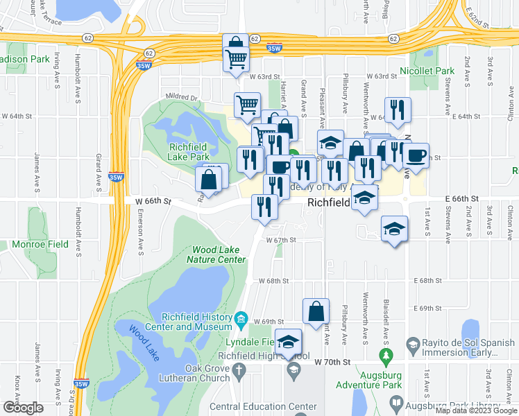 map of restaurants, bars, coffee shops, grocery stores, and more near 6600 Lyndale Avenue South in Richfield