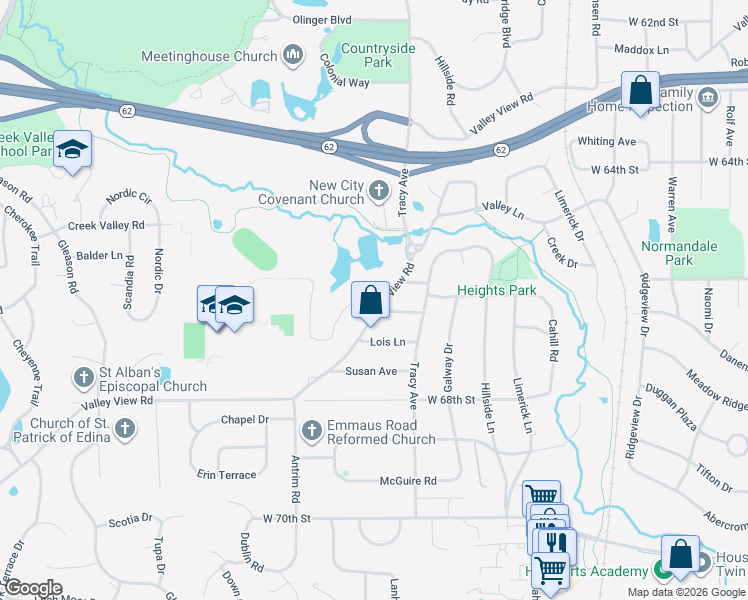map of restaurants, bars, coffee shops, grocery stores, and more near 5805 Creek Valley Road in Minneapolis