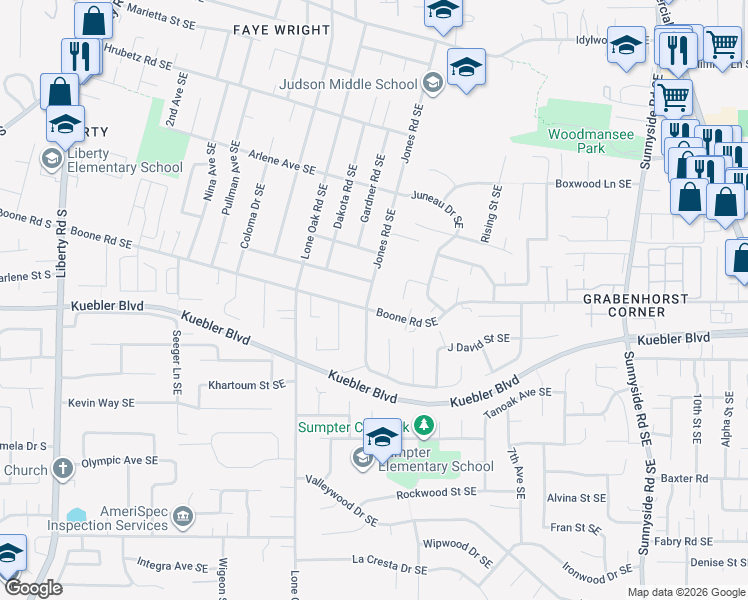 map of restaurants, bars, coffee shops, grocery stores, and more near 4990 Jones Road Southeast in Salem