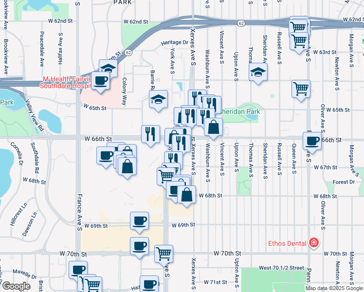 map of restaurants, bars, coffee shops, grocery stores, and more near 3200 Southdale Circle in Edina