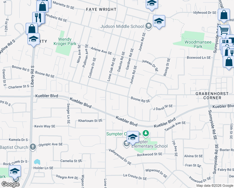 map of restaurants, bars, coffee shops, grocery stores, and more near 450 Boone Road Southeast in Salem