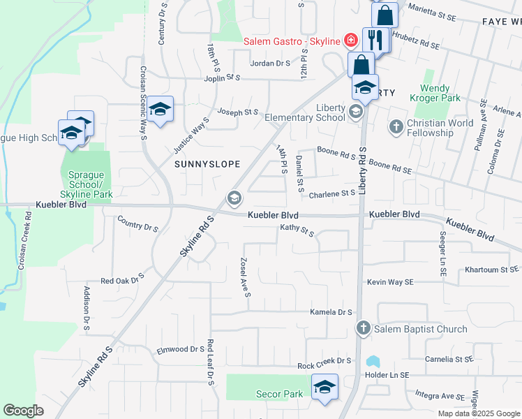 map of restaurants, bars, coffee shops, grocery stores, and more near 5071 Liberty Road South in Salem