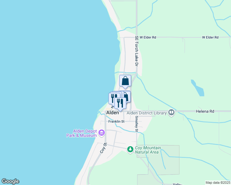 map of restaurants, bars, coffee shops, grocery stores, and more near 10372 N Lake St in Antrim