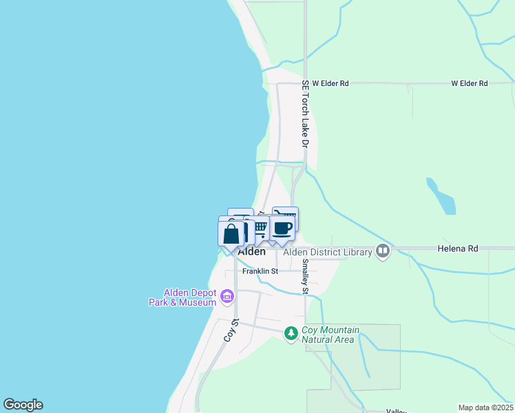 map of restaurants, bars, coffee shops, grocery stores, and more near 10372 North Lake Street in Alden