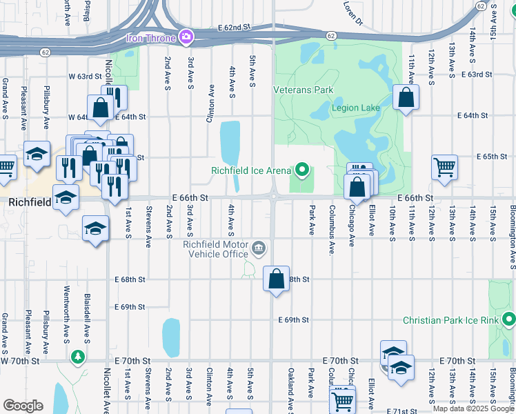 map of restaurants, bars, coffee shops, grocery stores, and more near 6616 Portland Avenue in Minneapolis