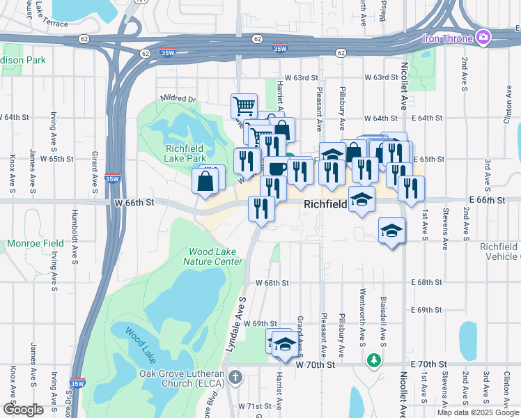 map of restaurants, bars, coffee shops, grocery stores, and more near 6605 Lyndale Avenue South in Richfield