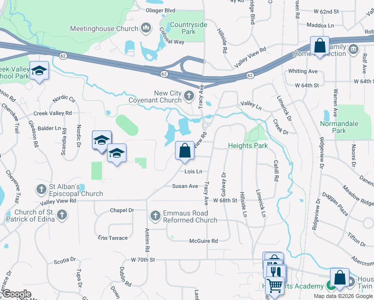 map of restaurants, bars, coffee shops, grocery stores, and more near 5805 Creek Valley Road in Minneapolis