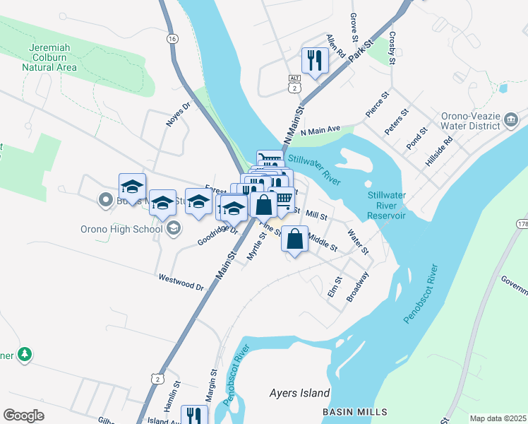 map of restaurants, bars, coffee shops, grocery stores, and more near in Orono