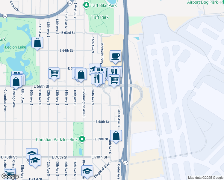 map of restaurants, bars, coffee shops, grocery stores, and more near 6609 18th Avenue South in Richfield