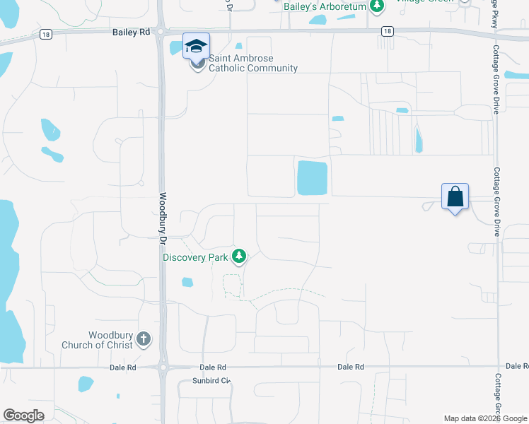 map of restaurants, bars, coffee shops, grocery stores, and more near 4538 Woodbury Drive in Woodbury