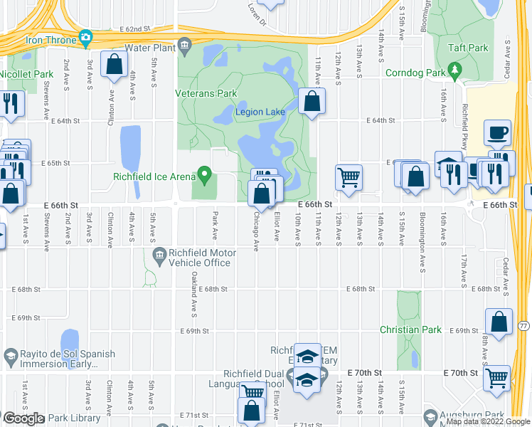 map of restaurants, bars, coffee shops, grocery stores, and more near 813 East 66th Street in Richfield