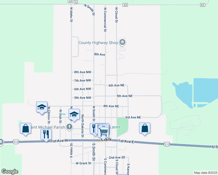 map of restaurants, bars, coffee shops, grocery stores, and more near 201-299 6th Avenue Northeast in Clark