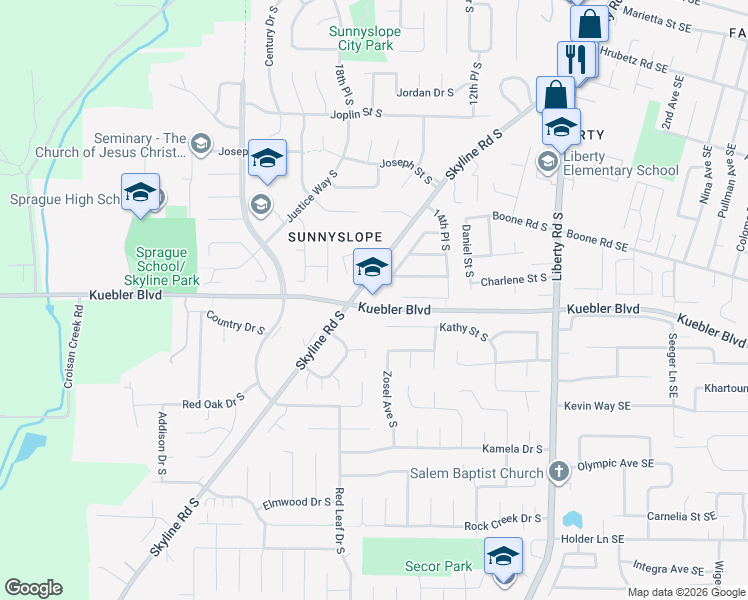 map of restaurants, bars, coffee shops, grocery stores, and more near 5000 Skyline Road South in Salem