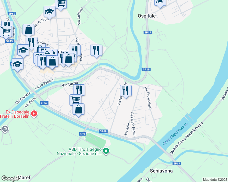 map of restaurants, bars, coffee shops, grocery stores, and more near 19 Via Nino Bixio in Bondeno