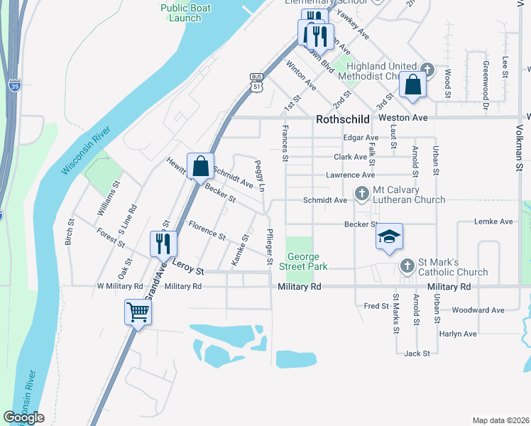map of restaurants, bars, coffee shops, grocery stores, and more near 203 Becker Street in Rothschild