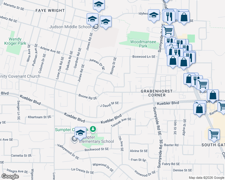 map of restaurants, bars, coffee shops, grocery stores, and more near 646 Justice Street Southeast in Salem