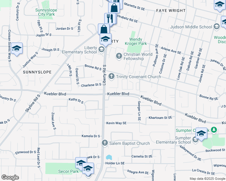 map of restaurants, bars, coffee shops, grocery stores, and more near 5030 Cumberland Court Southeast in Salem