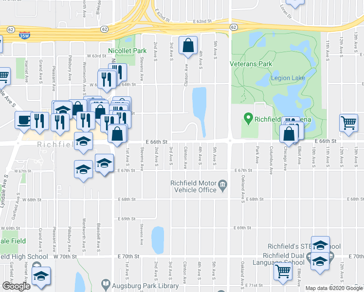 map of restaurants, bars, coffee shops, grocery stores, and more near 6613 Clinton Avenue in Richfield