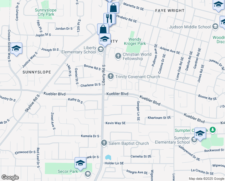 map of restaurants, bars, coffee shops, grocery stores, and more near 5030 Cumberland Court Southeast in Salem