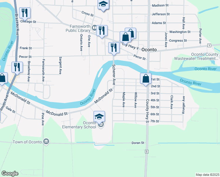 map of restaurants, bars, coffee shops, grocery stores, and more near 109 McDonald Street in Oconto