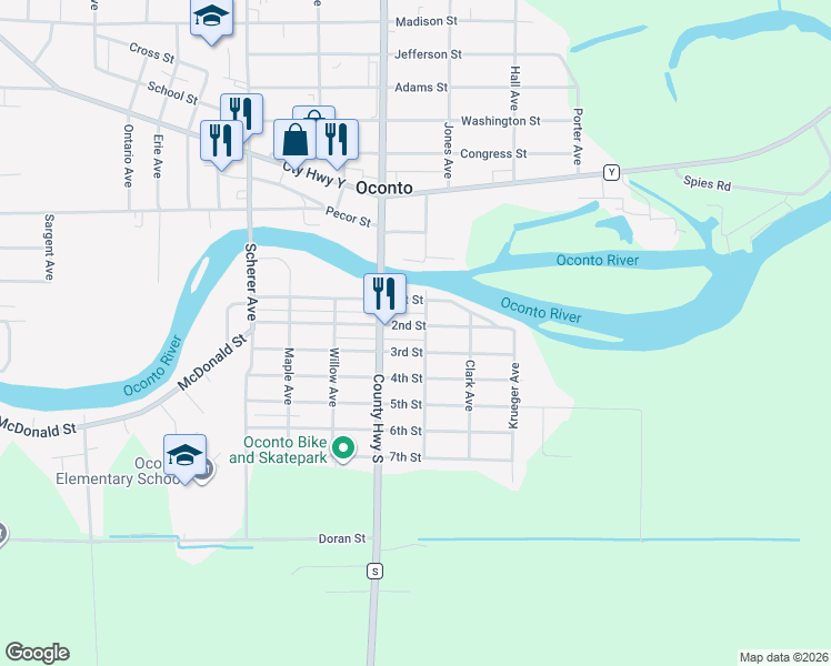 map of restaurants, bars, coffee shops, grocery stores, and more near 411 3rd Street in Oconto