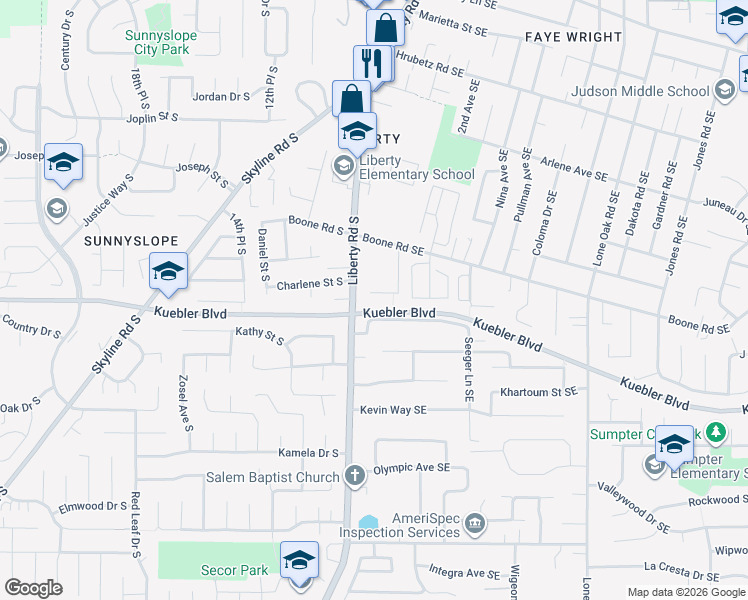 map of restaurants, bars, coffee shops, grocery stores, and more near 5030 Cumberland Court Southeast in Salem