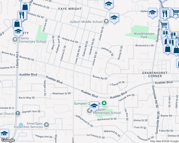 map of restaurants, bars, coffee shops, grocery stores, and more near 4990 Jones Road Southeast in Salem
