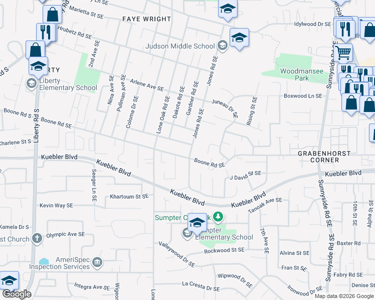 map of restaurants, bars, coffee shops, grocery stores, and more near 4990 Jones Road Southeast in Salem