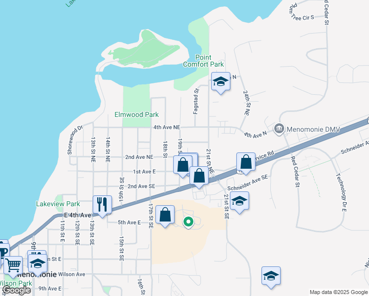 map of restaurants, bars, coffee shops, grocery stores, and more near 1903 2nd Avenue Northeast in Menomonie