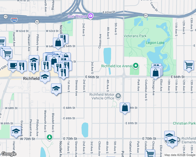 map of restaurants, bars, coffee shops, grocery stores, and more near 6613 Clinton Avenue in Richfield