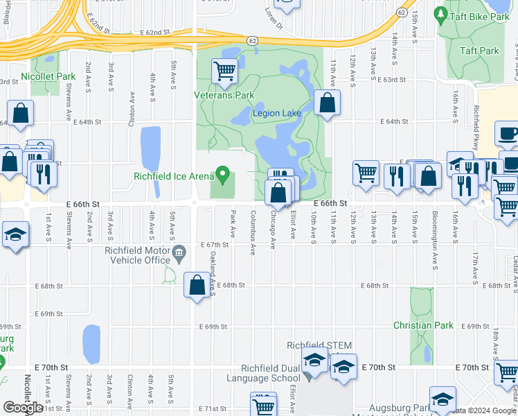 map of restaurants, bars, coffee shops, grocery stores, and more near 6601 Columbus Avenue South in Richfield