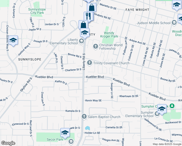map of restaurants, bars, coffee shops, grocery stores, and more near 5030 Cumberland Court Southeast in Salem