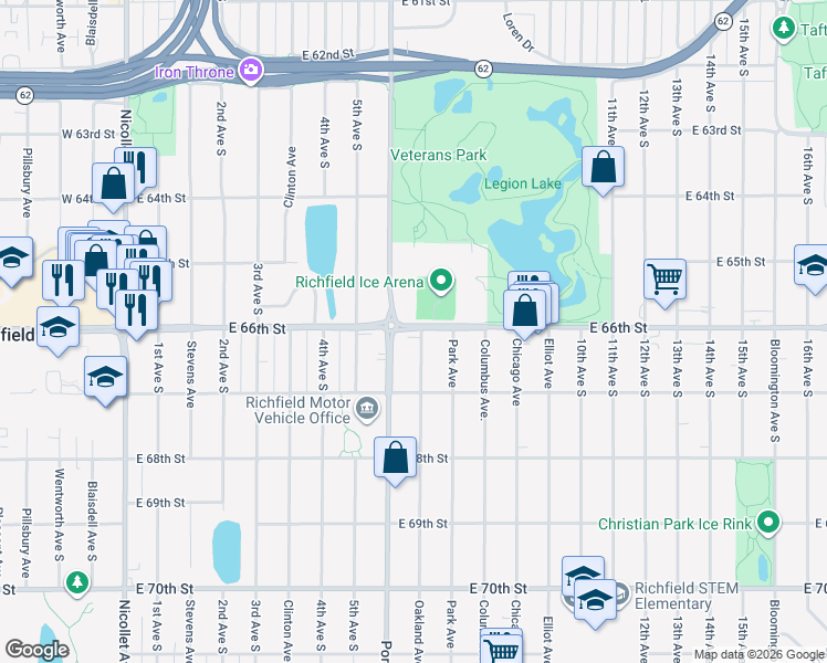 map of restaurants, bars, coffee shops, grocery stores, and more near 6612 Oakland Avenue South in Minneapolis