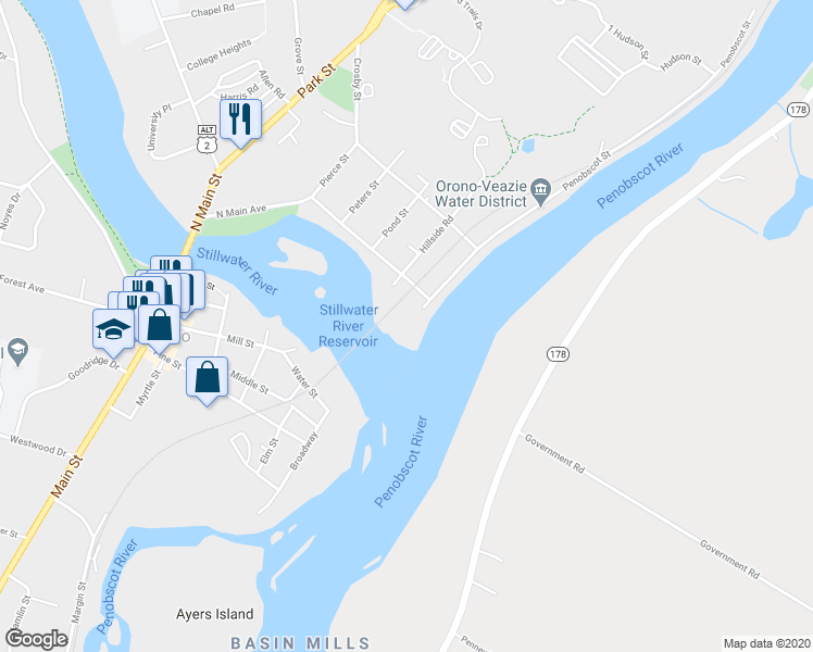 map of restaurants, bars, coffee shops, grocery stores, and more near 5 Shore Drive in Orono