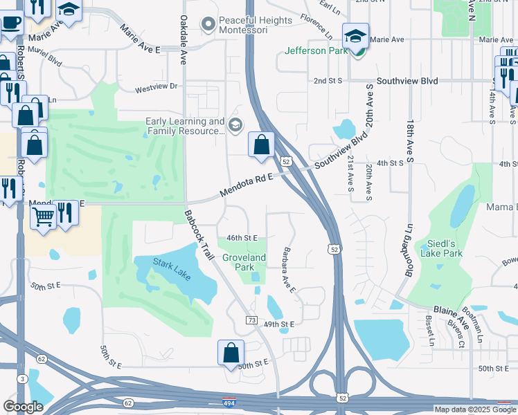 map of restaurants, bars, coffee shops, grocery stores, and more near 4528 August Way in Inver Grove Heights