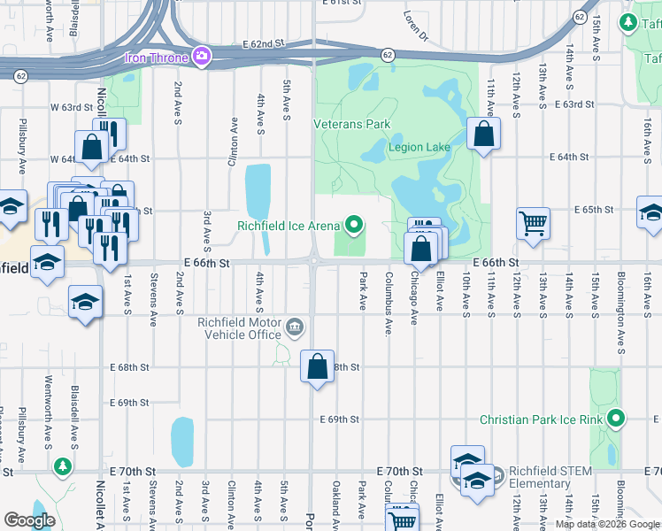 map of restaurants, bars, coffee shops, grocery stores, and more near 6612 Oakland Avenue South in Minneapolis