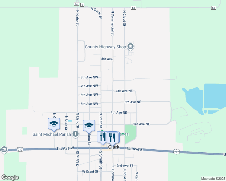 map of restaurants, bars, coffee shops, grocery stores, and more near 201 6th Avenue Northeast in Clark