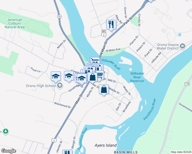 map of restaurants, bars, coffee shops, grocery stores, and more near in Orono